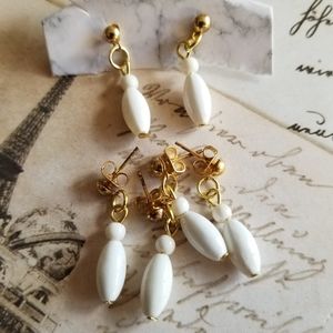 3 pairs of white and gold tone metal earrings bead beaded vintage